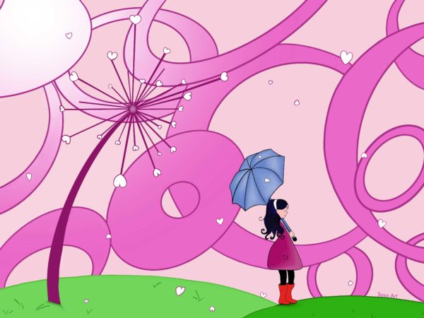 Tableau - Toile - Arbre - Cœurs - Fille - Parapluie - Rose - Violet - 40x30 cm
