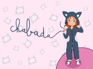 Tableau toile fille chat avec mot « Chabada » fille avec combi pyjama chat qui tient un fil de laine sur fond rose et têtes de chats.