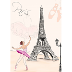 Carte danseuse étoile au pied de la tour Eiffel - Fond vieux rose avec un mannequin de couture - Des chaussons - Le mot «Paris» inscrit.