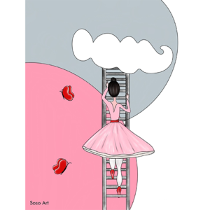 Tableau - Toile - Danseuse - Rose - 40x30 cm - Danseuse qui monte à l'échelle et qui va dans les nuages -Fond rose, gris, blanc - Papillons.