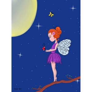 Tableau - Toile - Enfant - fée - 40x30 cm Mélancolique sur une branche, tenant un papillon rouge à la lumière de la lune sur fond bleu nuit.