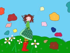 Tableau toile enfant - fille dans une prairie, entourée de fleurs imaginaires et multicolores sur fond bleu et vert. Tableau toile coloré.