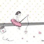 Carte de correspondance - petite fille danseuse avec tutu qui pêche des cœurs sur fond blanc et pois moutarde.