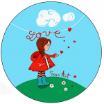 Badge - Love - Cœurs - Fille qui envoie des cœurs rouges avec message « Love » en fil sur fond de ciel bleu et d'herbe verte.