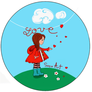 Badge - Love - Cœurs - Fille qui envoie des cœurs rouges avec message « Love » en fil sur fond de ciel bleu et d'herbe verte.