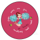 Badge - Pom pom - Girl - Petit fille, pom pom girl - avec message « pom pom un jour pom pom toujours » sur fond fuchsia avec pommes vertes.