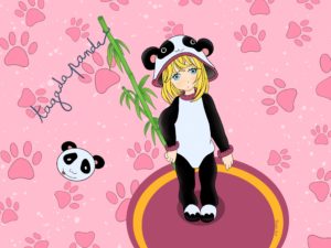 Tableau - Toile - Fille - Panda - Tagadapanda -Fillette en combi pyjama panda avec une branche de bambou sur un fond empreintes pattes roses.