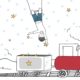 Carte- Enfant - Garçon -Train - Garçon sur un trapèze, qui attrape les étoiles pour les mettre dans un train - fond blanc et étoiles bleues.