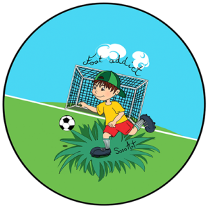 Badge - Foot - Addict - Petit garçon qui joue au foot sur un terrain avec mot « Foot addict » sur fond vert et bleu - Diamètre 45 mm