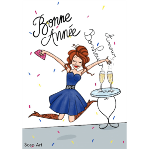 Carte - Vœux - Bonne année - Une femme saute de joie. Il y a une table ainsi que deux coupes de champagne et les mots amour et bonheur.