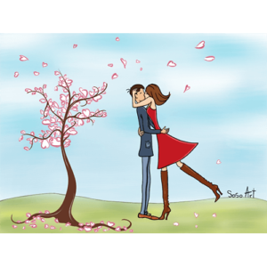 Carte avec deux amoureux qui s’embrassent et derrière, un paysage de ciel bleu et un arbre à cœurs qui s'envolent autour d'eux.