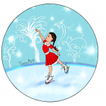 Badge - Fille - Patineuse - Petite fille qui fait du patin à glace avec costume rouge - Derrière, un oiseau, arbre cœur, fond blanc et bleu.