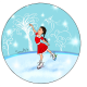 Badge - Fille - Patineuse - Petite fille qui fait du patin à glace avec costume rouge - Derrière, un oiseau, arbre cœur, fond blanc et bleu.