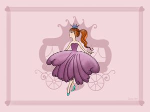 Tableau - Toile - Princesse - Carrosse - 40x30 cm - Princesse - Couronne - Superbe robe violette à paillettes - Carrosse violet et rose.